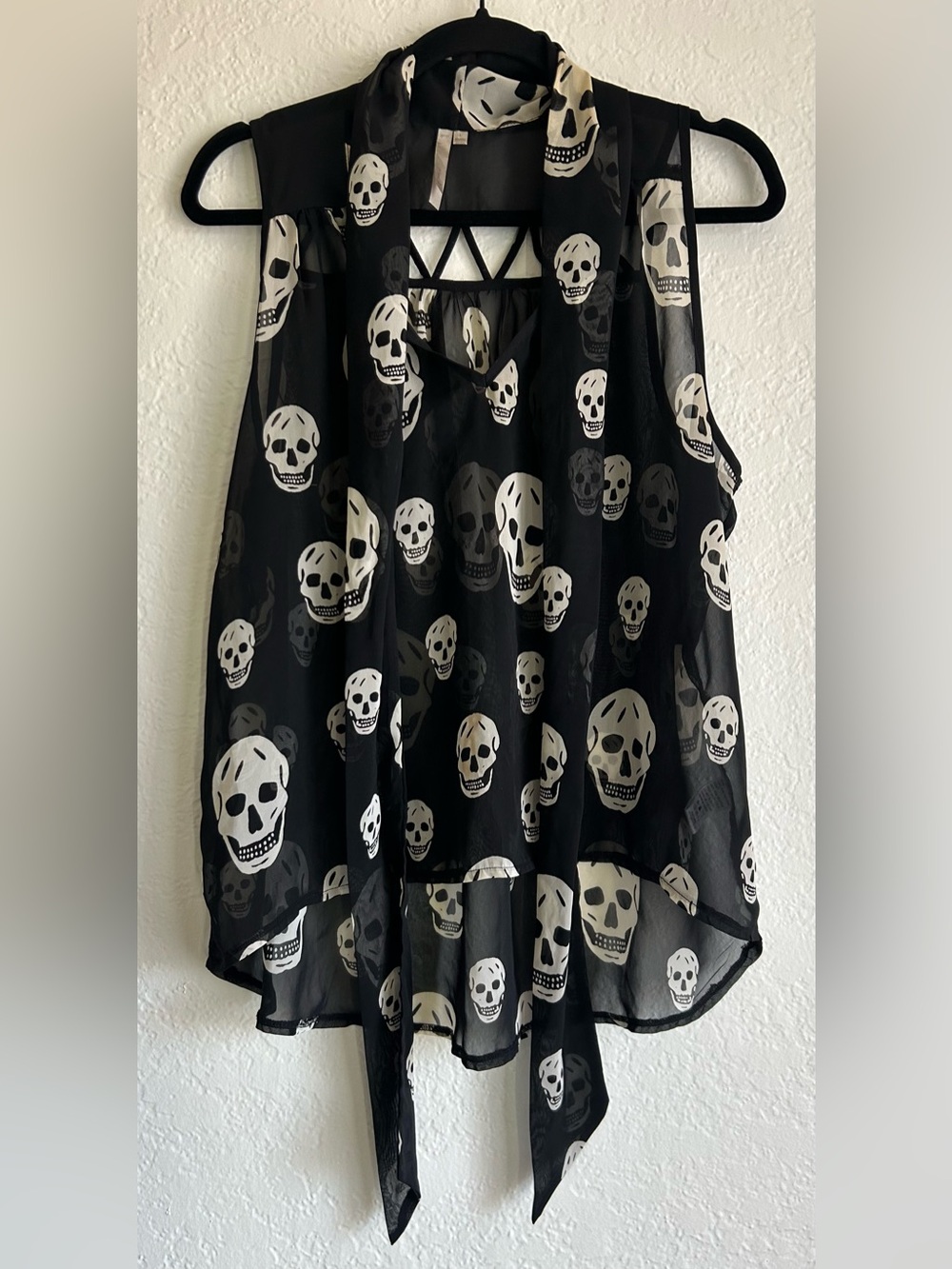 Mono B Black Sheer Skull Print Tie-Front Camisole